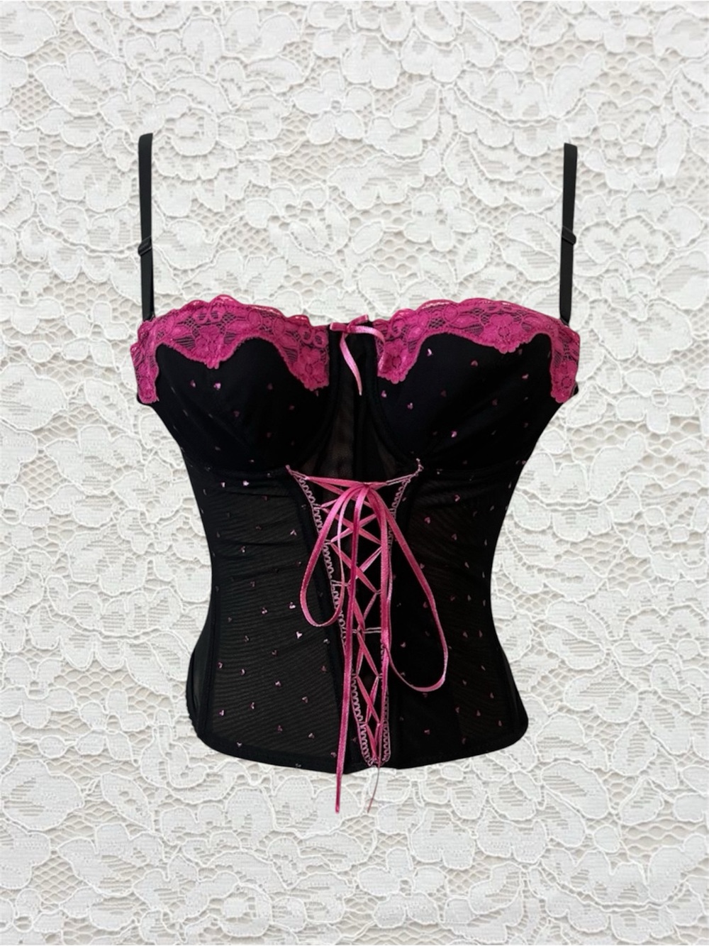 vintage black & pink polka dot corset top with lace trim and ribbon details